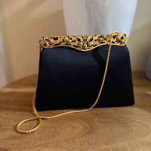 AUTH RARE JUDITH LEIBER BLACK SILK CRYSTAL CLUTCH EVENING BAG LIMITED EDITION